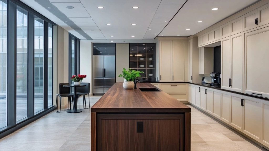 Modern cream kitchen cabinets with large windows and sleek black hardware