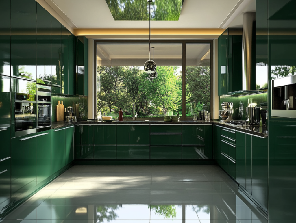 Modern dark green kitchen cabinets with glossy finish, built-in stainless steel appliances, large windows providing natural light, and sleek black countertops