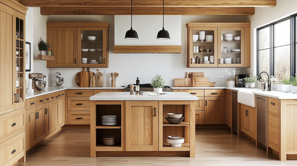 Modern farmhouse kitchen featuring white oak cabinetry, a spacious island, and natural light pouring in through large windows.
