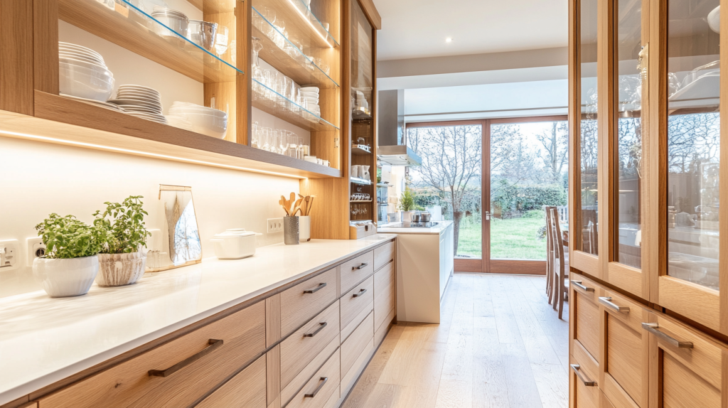 Modern kitchen featuring white oak floating cabinets and a clean, open-concept design.