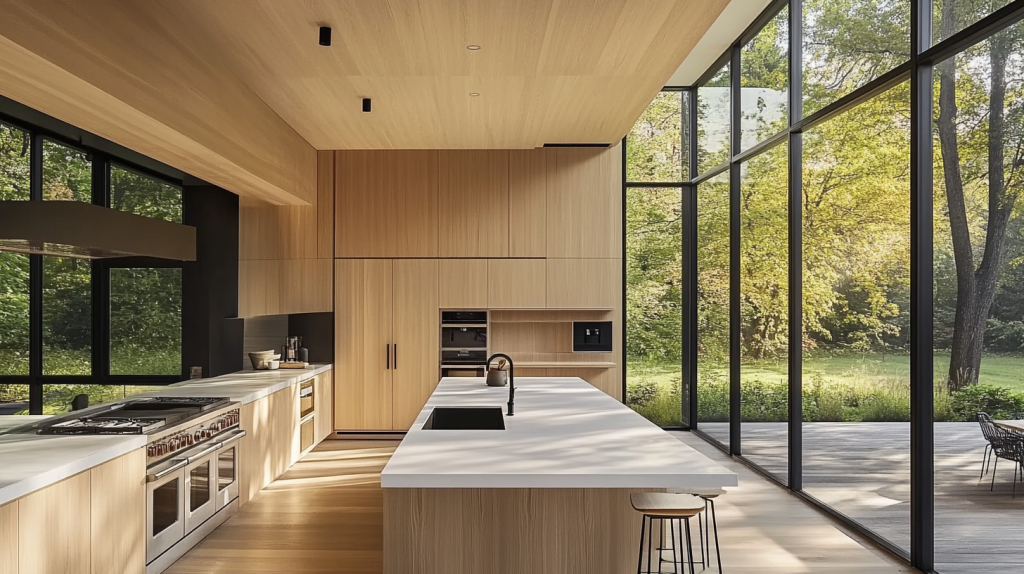 Contemporary white oak kitchen with frameless cabinetry, high-end appliances, and floor-to-ceiling windows offering a panoramic view of nature.