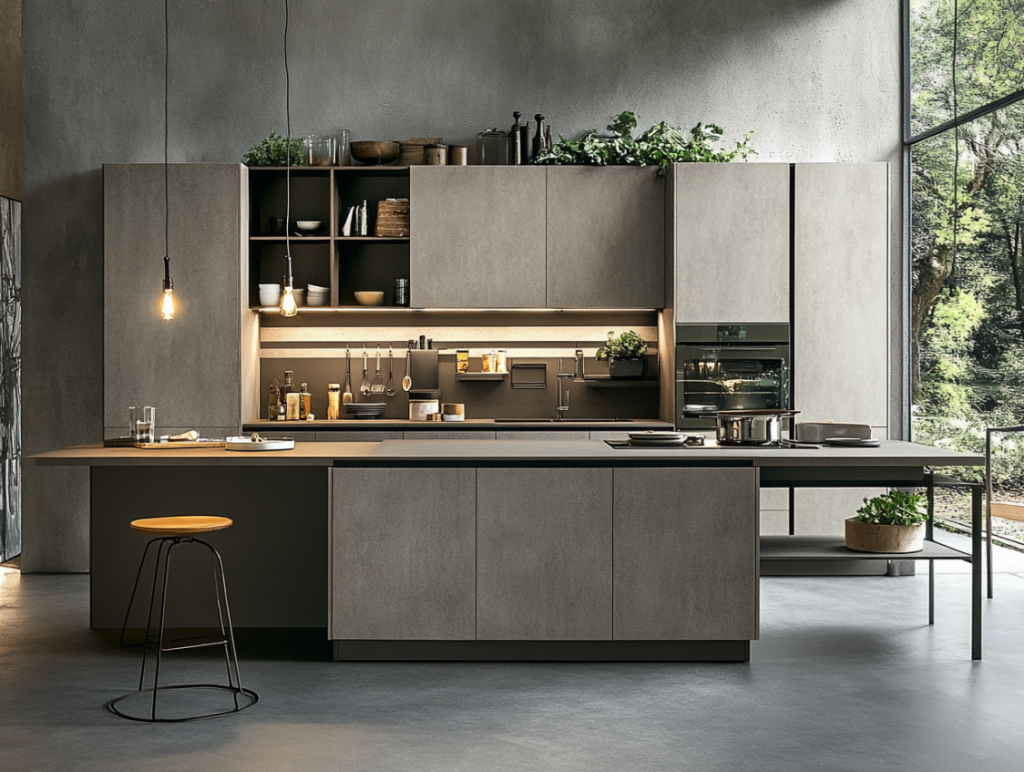Sleek modern grey kitchen cabinets with handleless design, integrated appliances, minimalist kitchen island, pendant lights, and natural light from large windows