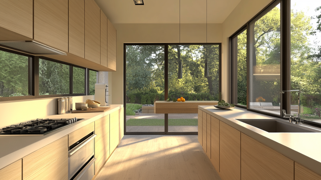 A spacious modern kitchen with white oak cabinets, featuring large windows that bring in natural light and a vibrant outdoor view.
