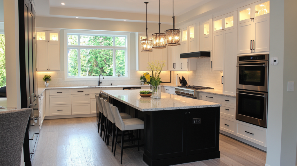 A modern kitchen with white upper cabinets and a black island, bright and stylish with ample natural light.
