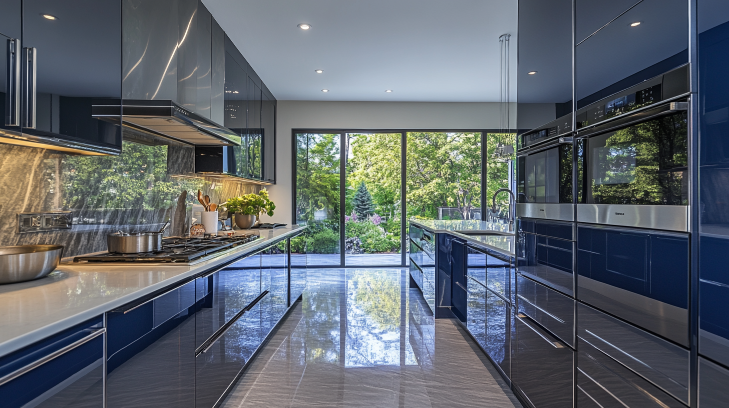 Sleek kitchen with high gloss navy blue cabinets, stainless steel appliances, and large glass doors opening to a garden.