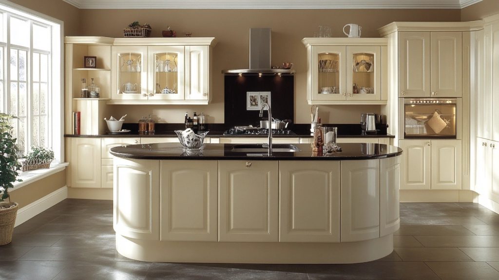 Bright kitchen with glossy cream cabinets, featuring smooth reflective surfaces, black hardware, white marble countertops, and large windows letting in natural light.