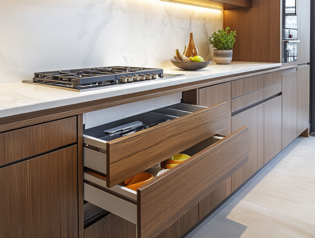 Modern kitchen drawers with soft-close mechanism and wood veneer finish beneath white marble countertops