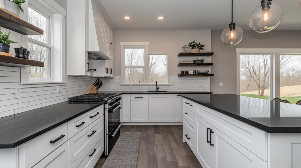 Modern kitchen with white cabinets, black countertops, black hardware, wooden flooring, and open shelving displaying dishware.