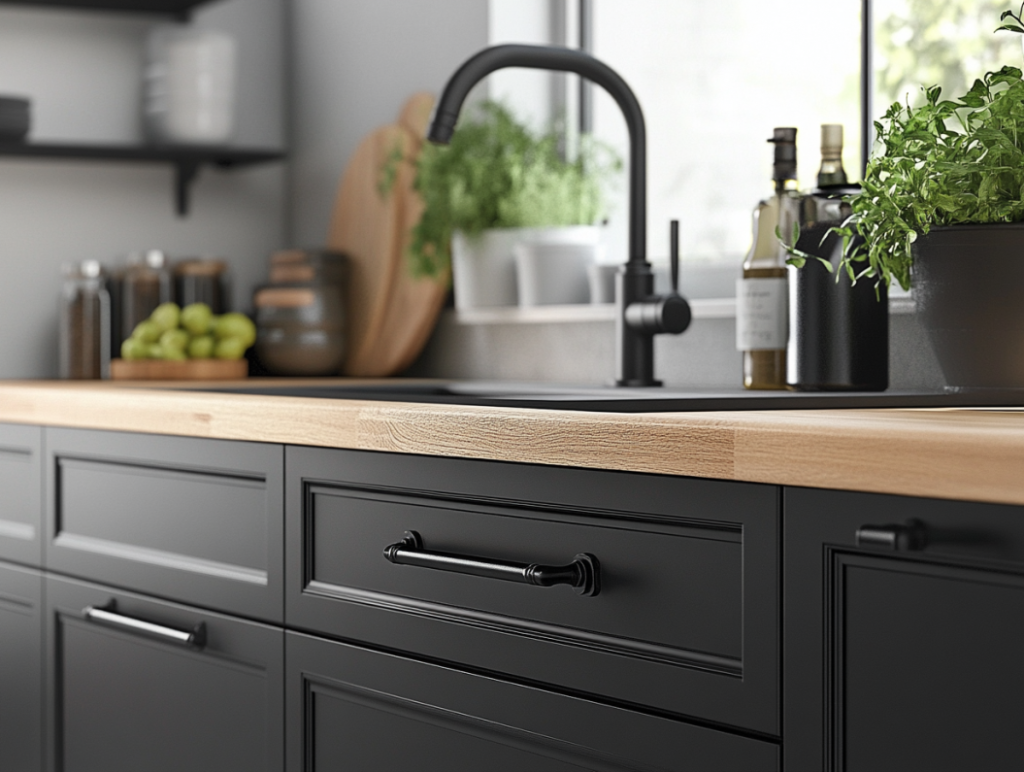 Black kitchen handle on a dark cabinet with wood countertop