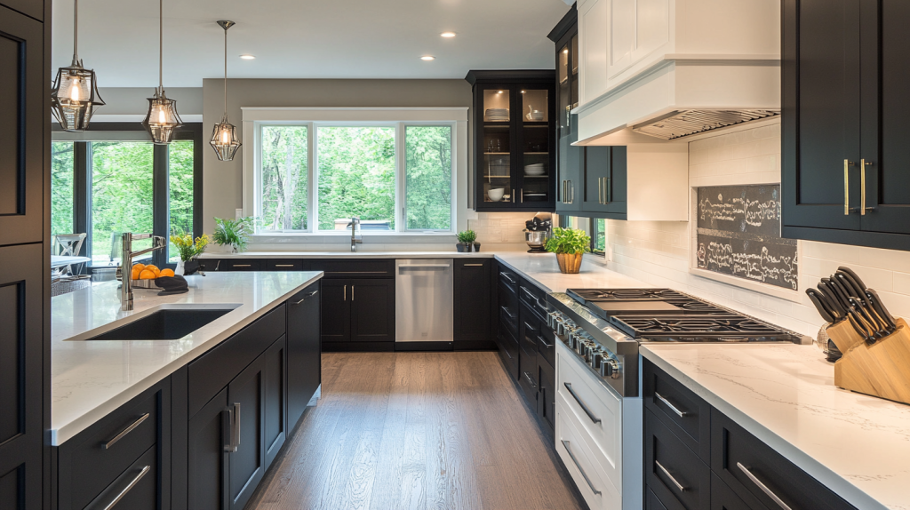 Sleek flat-panel black and white kitchen cabinets with a white marble countertop.
