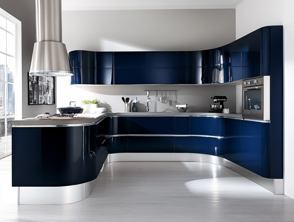 Sleek modern navy blue kitchen cabinets with glossy finish, stainless steel appliances, curved design, and white flooring in a bright kitchen