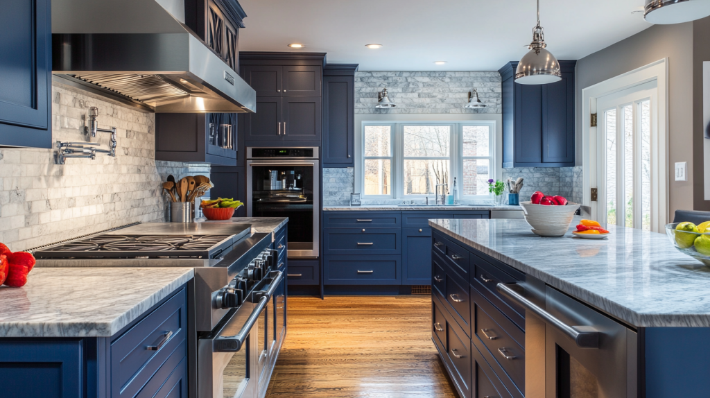 Modern subdued kitchen featuring navy blue cabinets paired with gray walls and stainless steel appliances.