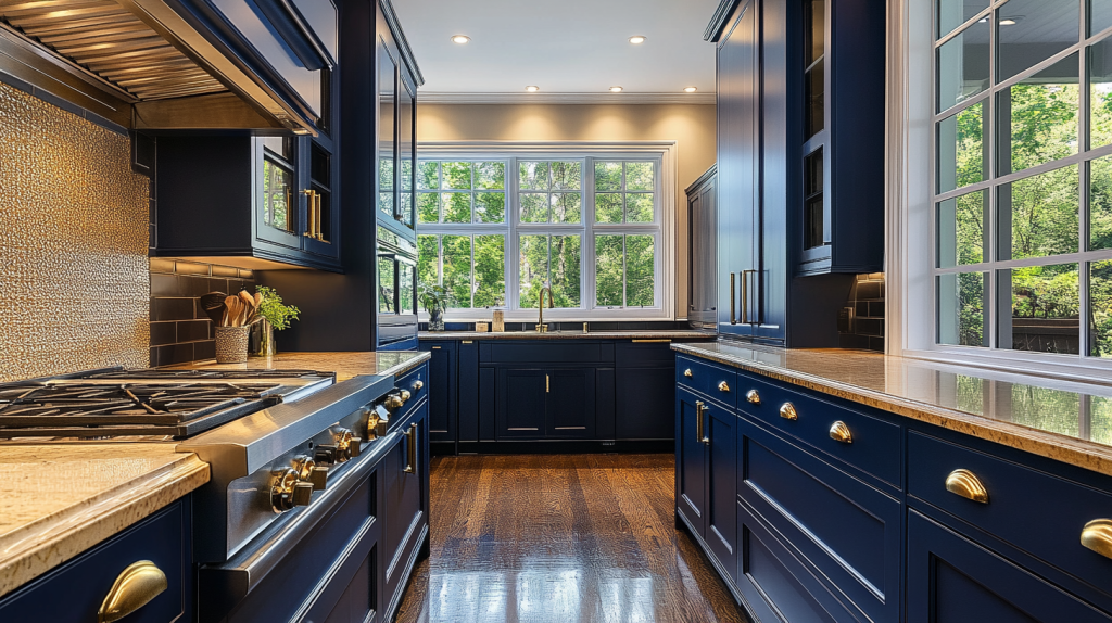 Modern navy blue kitchen cabinets with gold handles, marble countertops, stainless steel stove, and large bright windows.