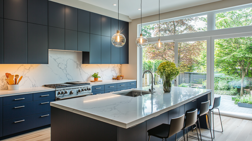 Modern kitchen with navy blue handle-less cabinets, clean lines, and sleek stainless steel appliances, featuring a minimalist design.