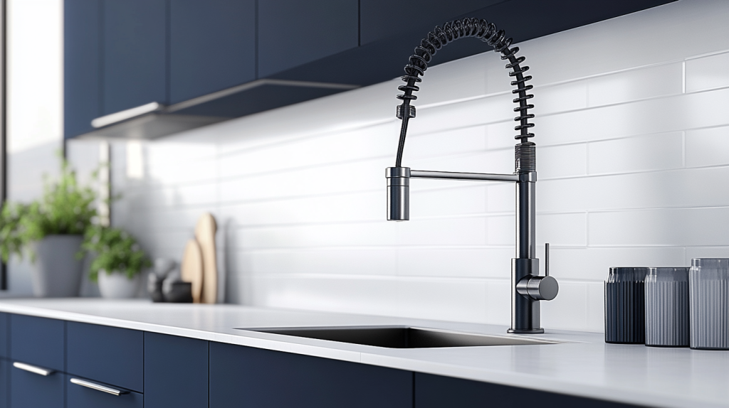 Navy blue kitchen with subway tile backsplash and black faucet