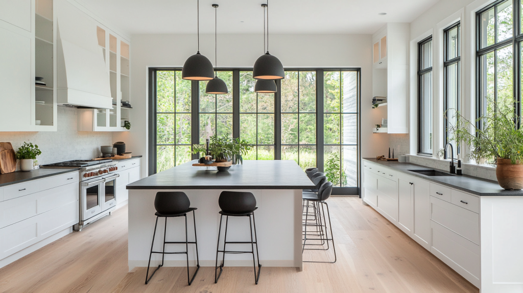 Modern Nordic kitchen with white cabinets, black countertops, black pendant lighting, and natural wooden accents.