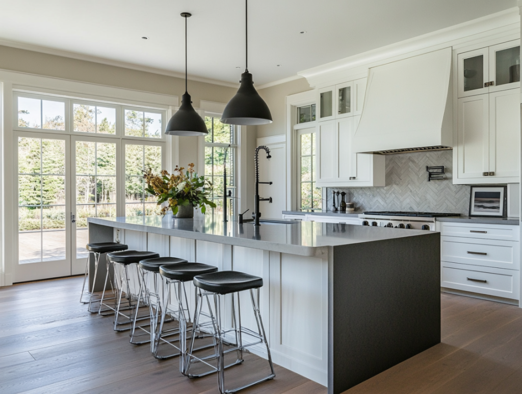 Modern shaker-style kitchen cabinet doors with grooved lines blending traditional and contemporary aesthetics