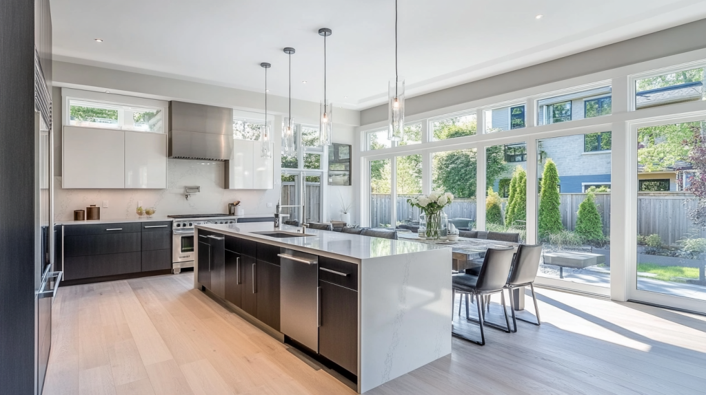 two tone kitchen with white upper cabinets and dark wood base cabinets in a modern open-plan kitchen