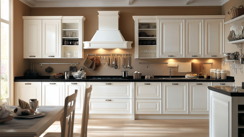 Modern kitchen with frame-style white cabinets, black countertops, and warm taupe walls in an urban home setting.