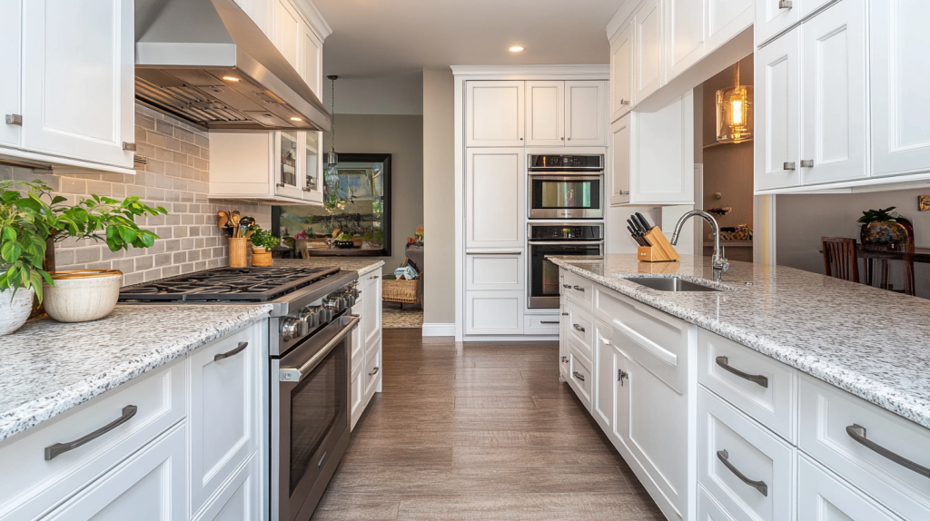 Contemporary kitchen with modern white cabinets and dark wood accents. Spacious and airy with high-end appliances and natural stone countertops.