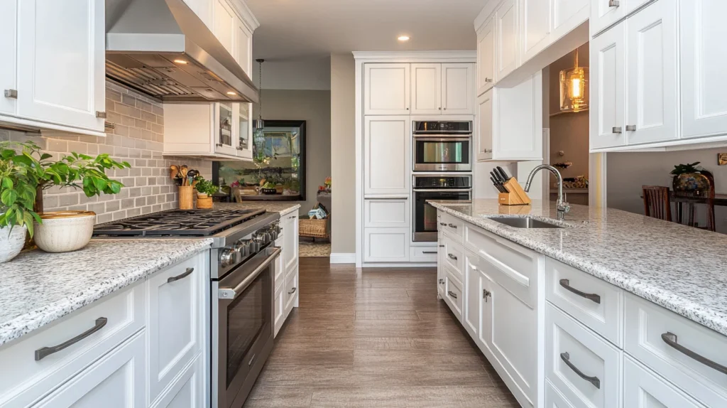 Contemporary kitchen with modern white cabinets and dark wood accents. Spacious and airy with high-end appliances and natural stone countertops.