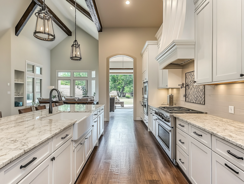 Spacious kitchen with modern white kitchen cabinets featuring black handles, large marble countertops, farmhouse sink, hardwood floors, and stainless steel appliances