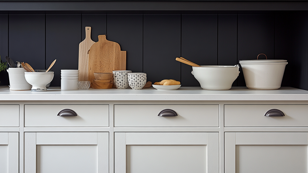 White kitchen cabinetry with dark accents and modern hardware. Clean lines and minimalist design create a sleek and stylish kitchen.