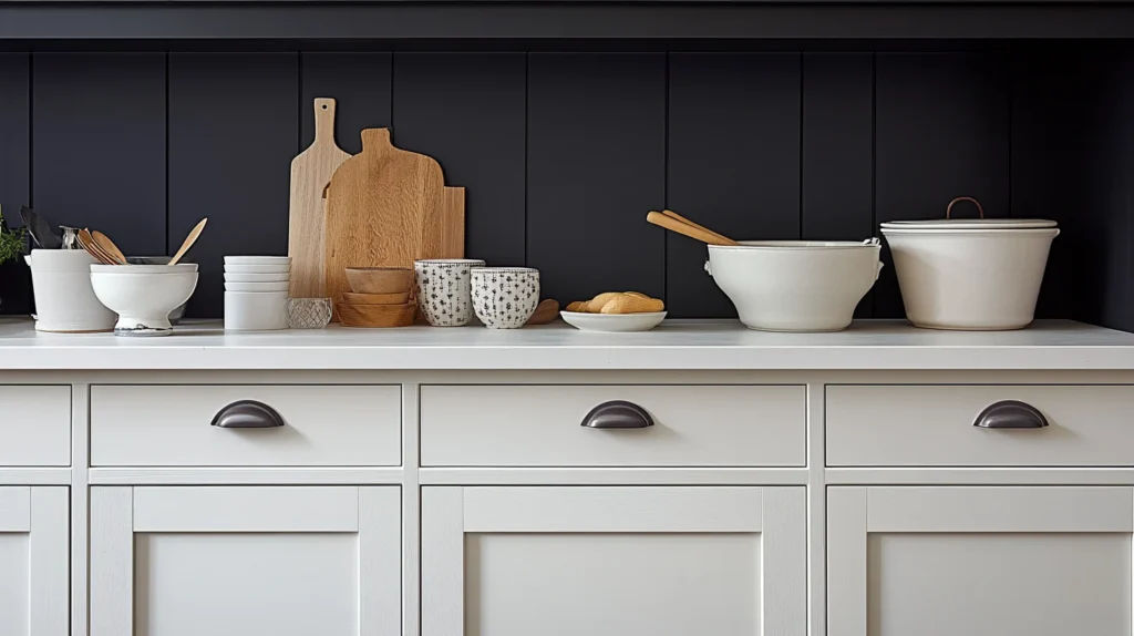 White kitchen cabinetry with dark accents and modern hardware. Clean lines and minimalist design create a sleek and stylish kitchen.