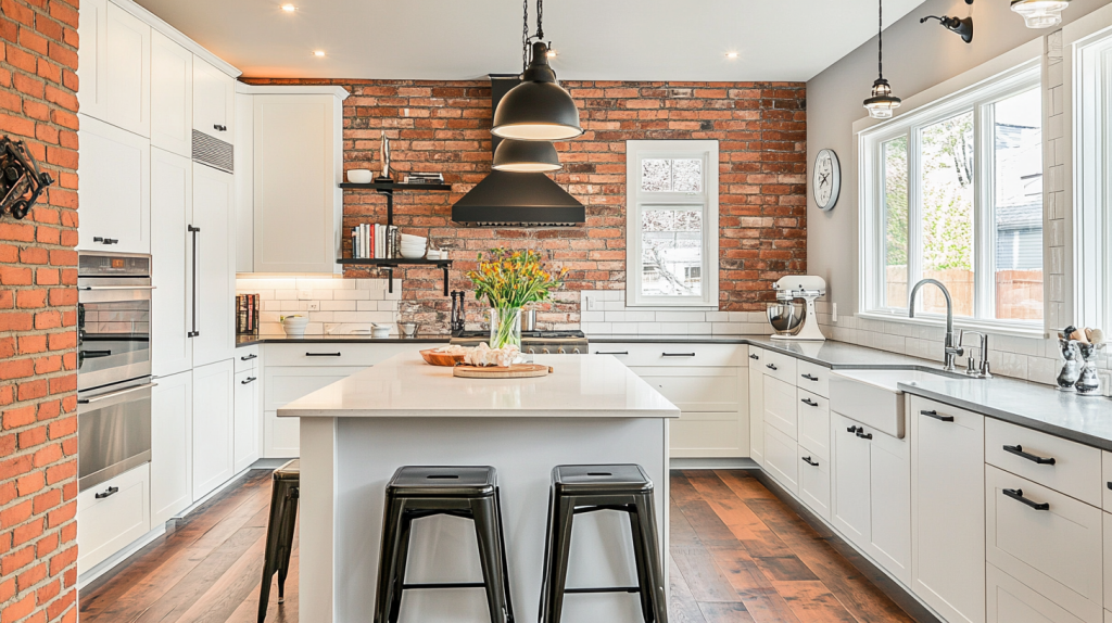 Modern white kitchen with industrial brick walls, featuring sleek white cabinets, black hardware, and a cozy open shelving design.