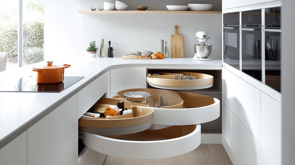 Modern white kitchen with curved cabinetry, circular pull-out shelves, and a minimalist design.