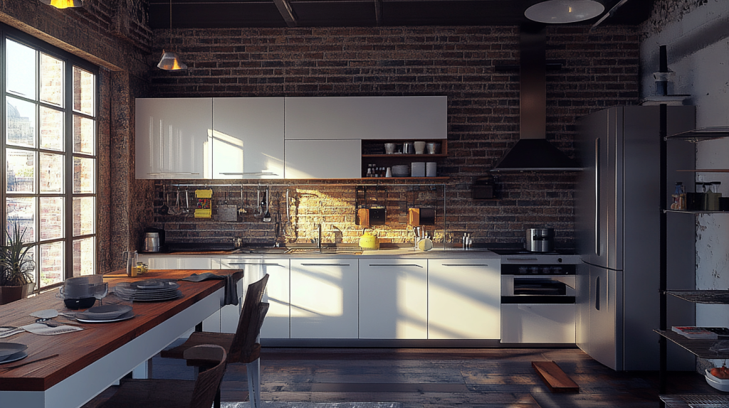 A minimalist white kitchen featuring clean lines, a brick backdrop, and modern appliances, creating a sophisticated yet cozy space.