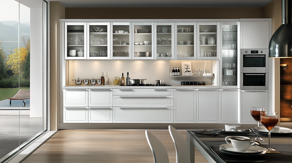 A stylish white kitchen featuring glass-front cabinets, modern appliances, and a sleek design that enhances functionality and beauty.