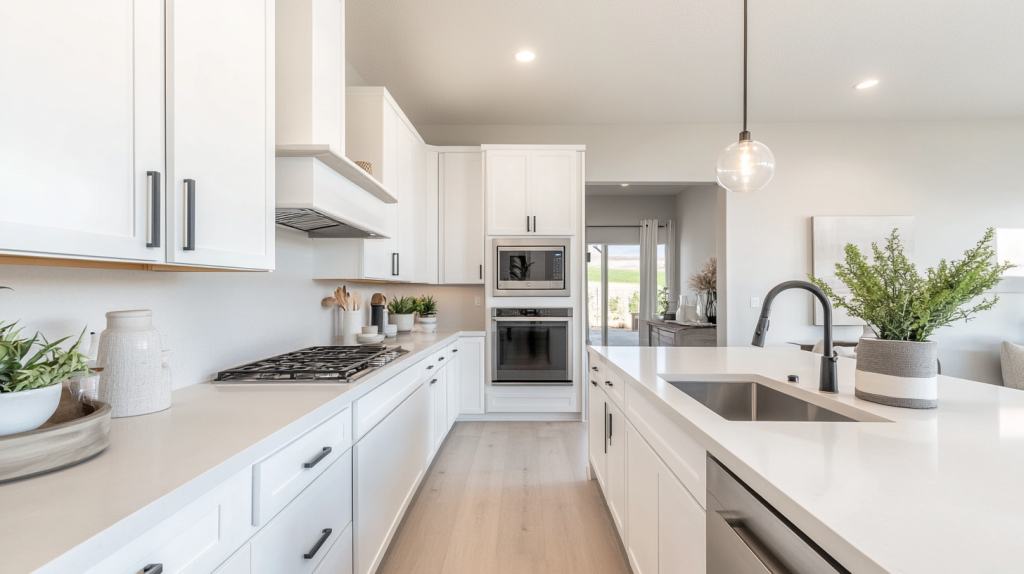 A modern white kitchen with matte finish cabinets, sleek black handles, and large windows for a bright and airy feel.