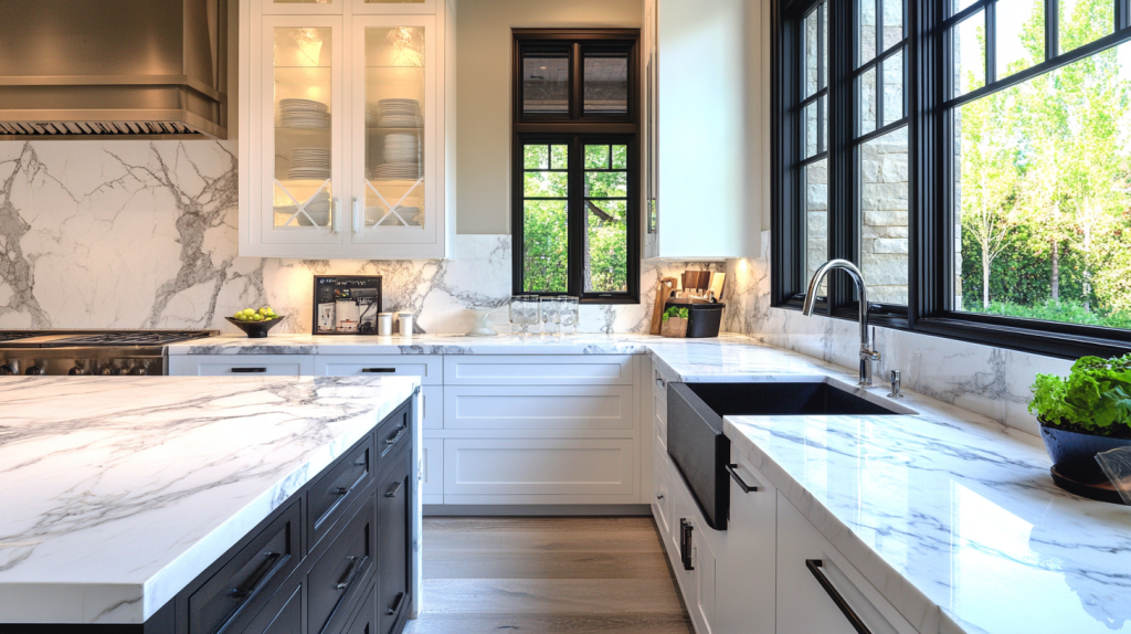 Modern kitchen featuring sleek white marble countertops paired with matte black lower cabinets and natural wood accents.