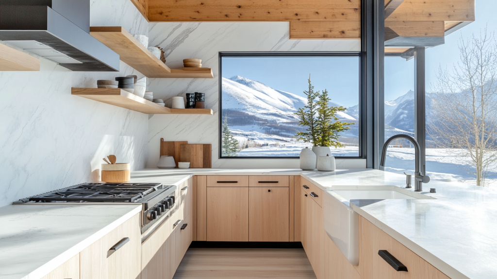 Bright modern kitchen featuring white oak lower cabinets with a distressed, textured lacquer finish, white marble countertops, and open wood shelves.