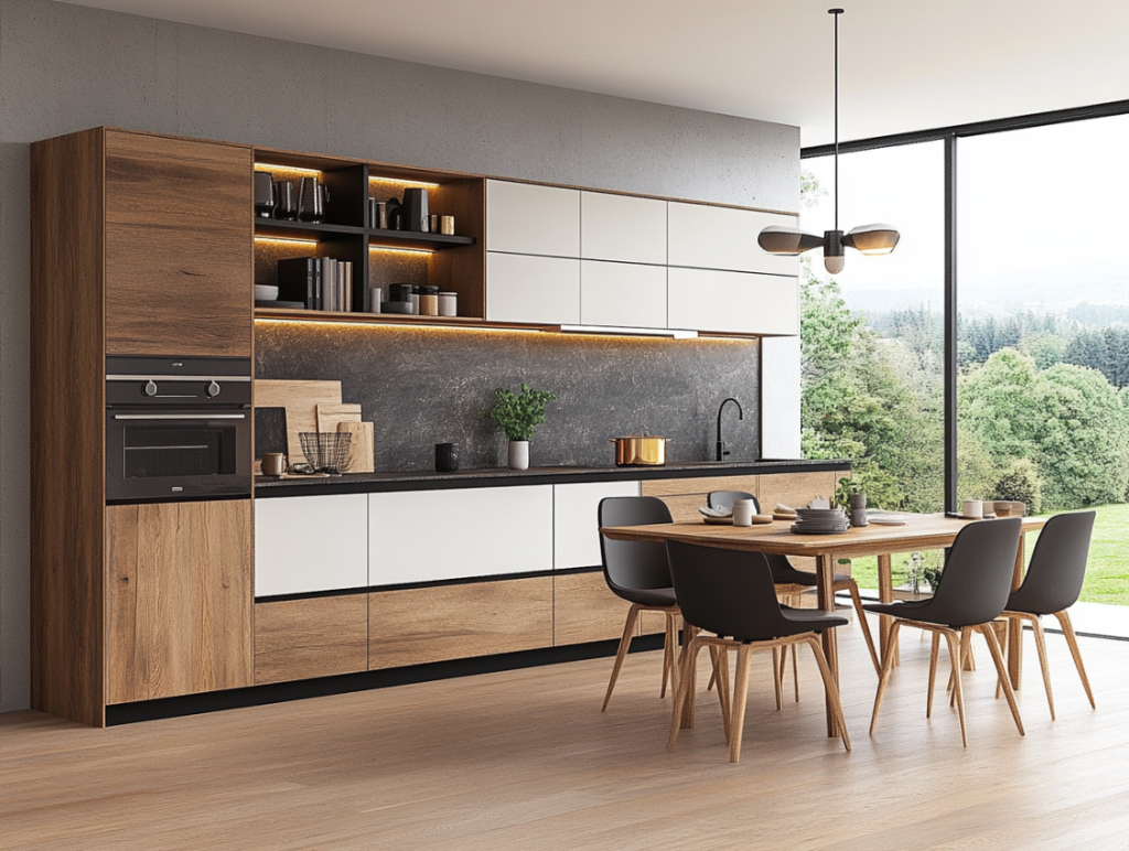 Warm and natural modern white oak kitchen cabinets with minimalist design, integrated appliances, under-cabinet lighting, and light wood flooring