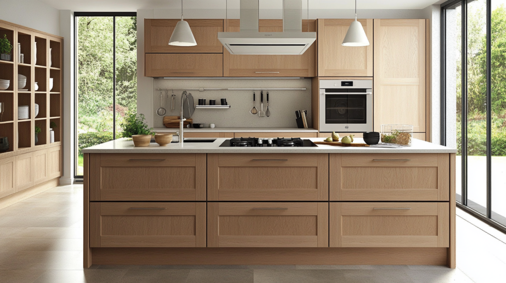 Modern white oak kitchen cabinets with sleek, minimalistic design, featuring an island with built-in stovetop, and large windows letting in natural light. The cabinetry uses light-colored wood and is paired with a light-toned countertop and contemporary fixtures.