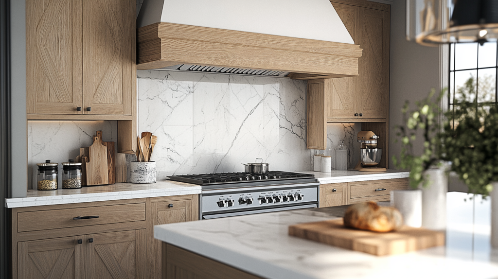 Modern kitchen with white oak cabinets, a marble backsplash, and top-of-the-line appliances. The spacious layout includes functional storage, a large range, and a sleek countertop design, perfect for a contemporary kitchen.
