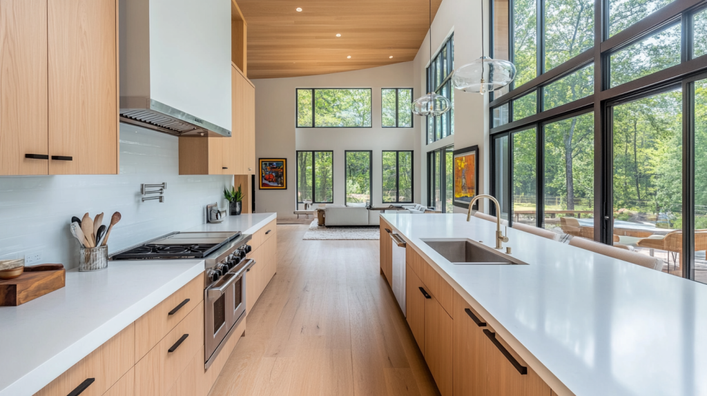 A modern kitchen featuring white oak cabinets with a minimalist design. The spacious layout includes large windows offering plenty of natural light, complemented by sleek countertops and modern appliances.