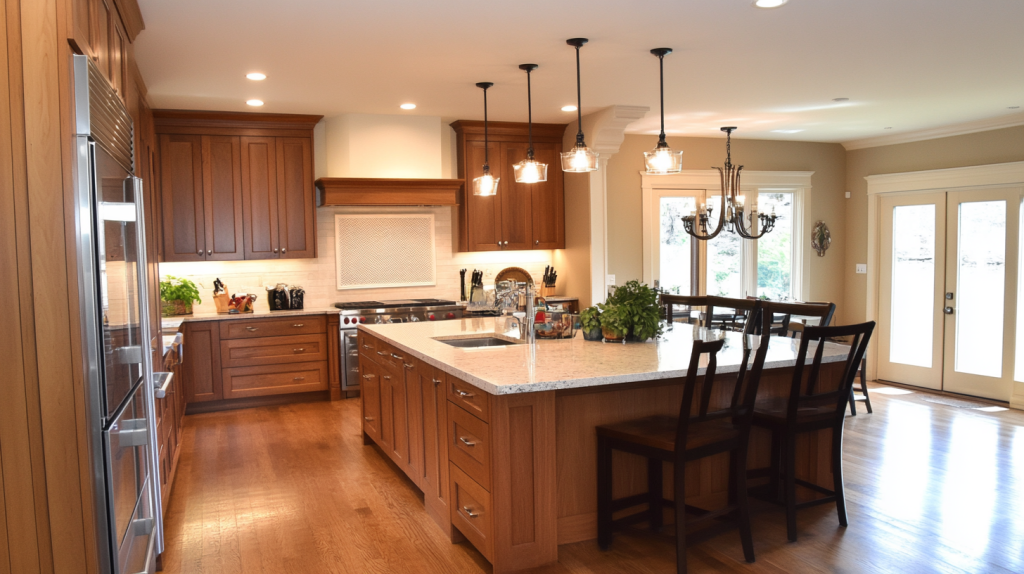 Modern white oak kitchen design with pendant lighting and large windows providing natural light.