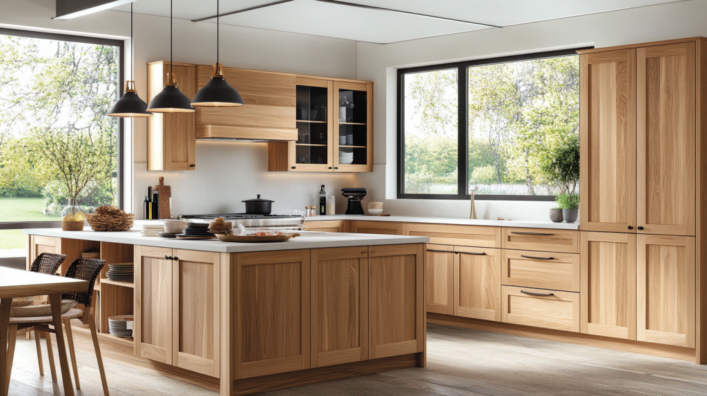 Modern kitchen featuring white oak cabinets with minimalist design, open shelving, and a large window providing natural light.