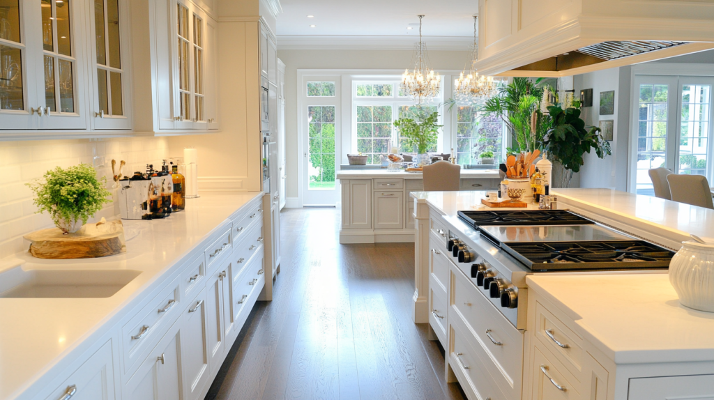 Elegant modern kitchen with raised-panel white kitchen cabinets, quartz countertops, and glass cabinet doors. Large windows bring in natural light, highlighting the sleek design.