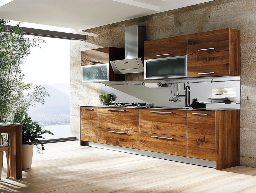 Modern wood kitchen cabinets combined with glass doors, minimalist design, light wood flooring, and natural light-filled space