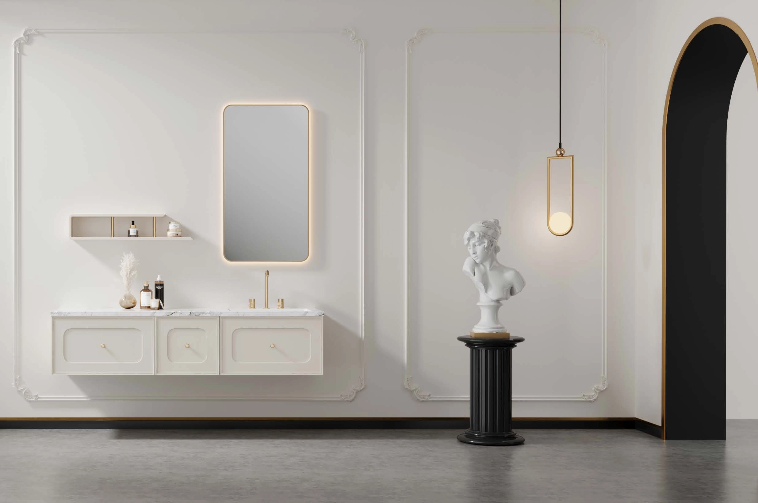 Modern bathroom design with sleek sanitary ware a stylish mirror and classic decor elements