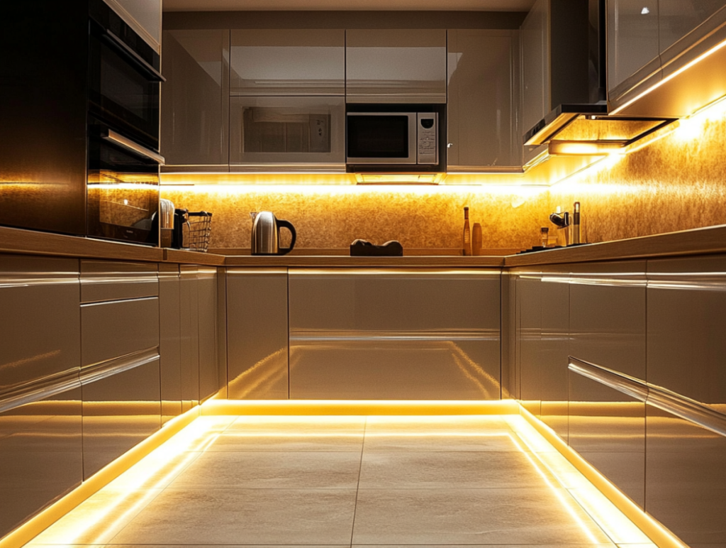Futuristic LED Lit High Gloss Kitchen Cabinets and Floor Base Lighting