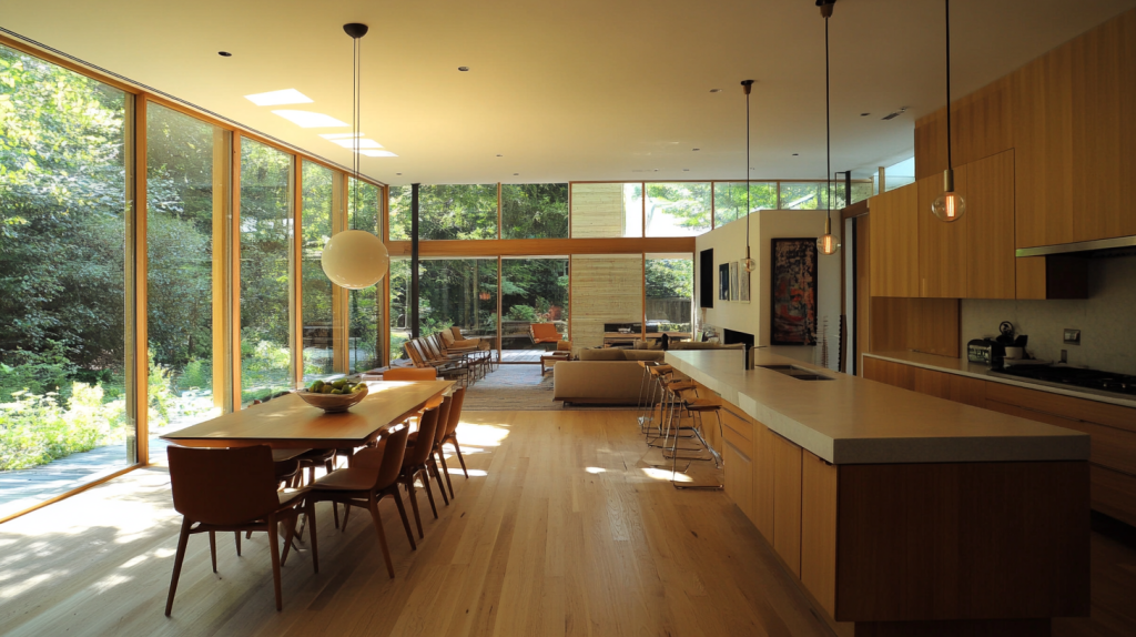 Modern open-concept kitchen with white oak cabinetry, seamless flow into dining and living areas, and a stylish yet functional layout.