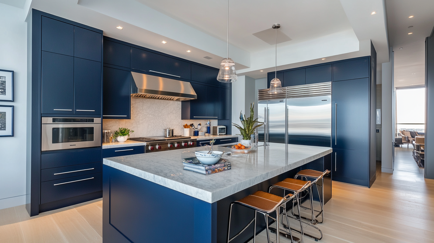 Monochromatic navy blue kitchen with unified cabinets and island, marble countertops, and ample natural light from large windows.