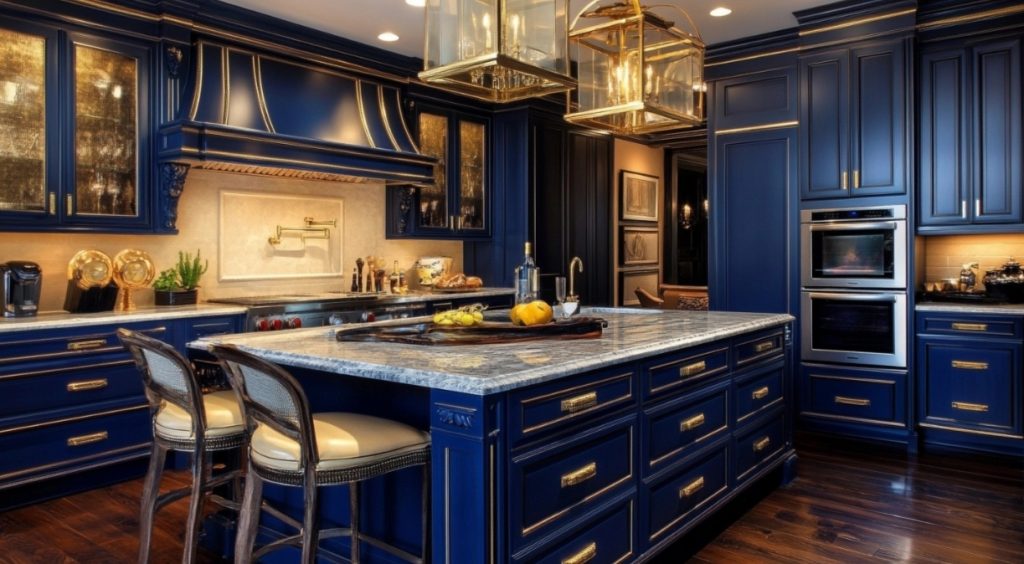 Navy Blue Kitchen Cabinets with Gold Hardware