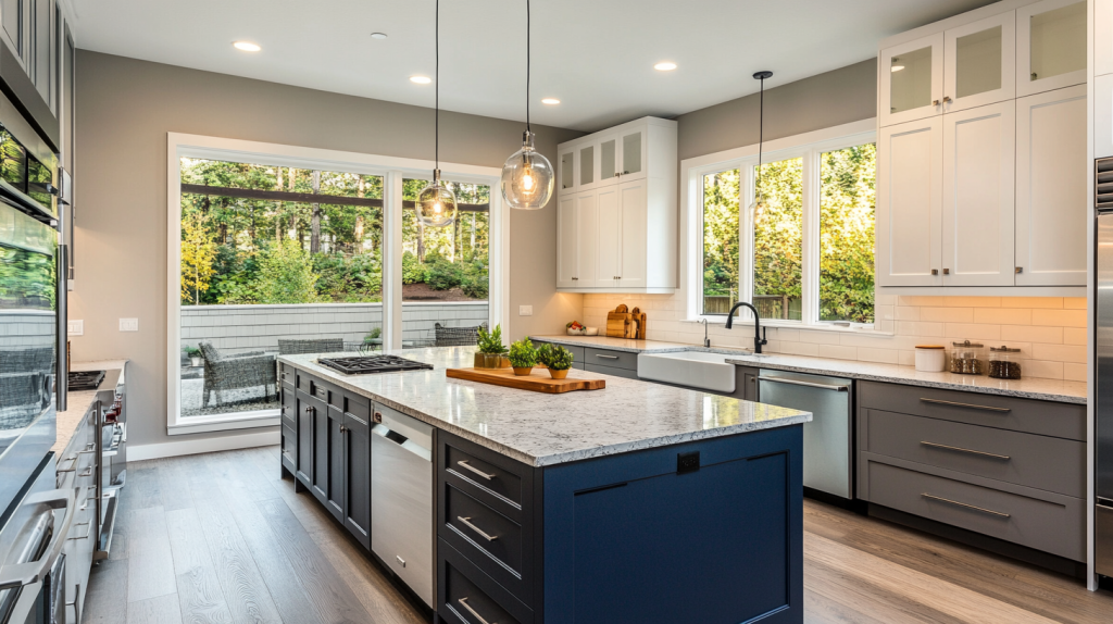 Modern kitchen with bold navy blue kitchen island featuring marble countertop, paired with white upper cabinets and large windows offering natural light.