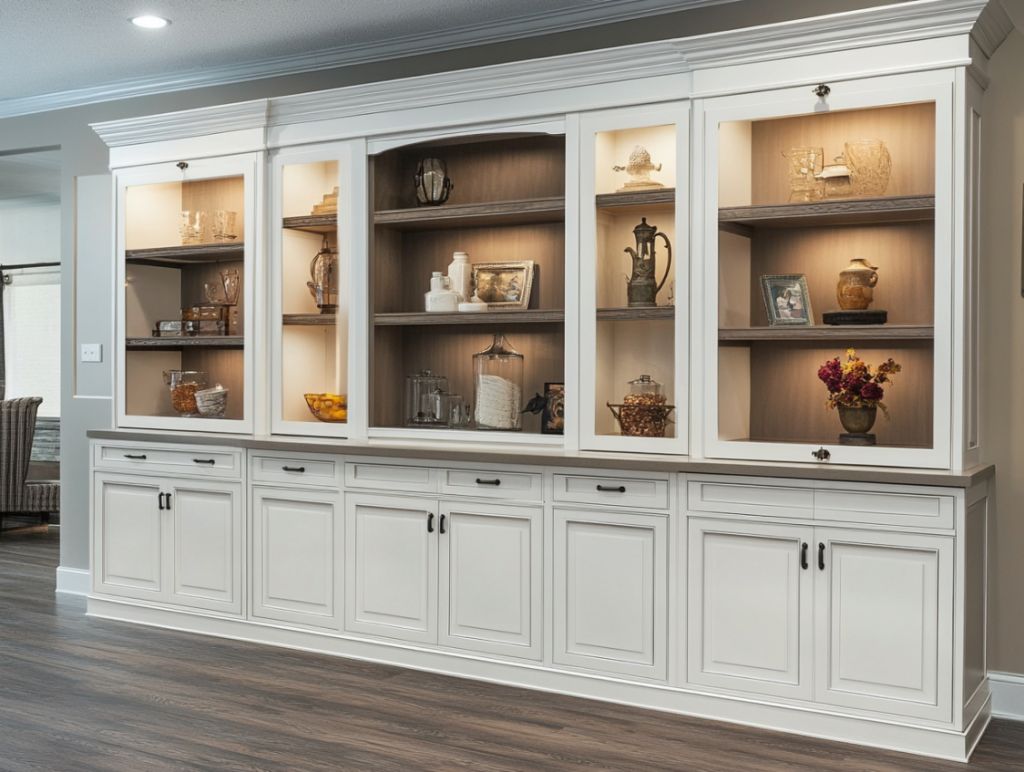 Kitchen design combining open shelving with closed cabinetry for balanced storage and display
